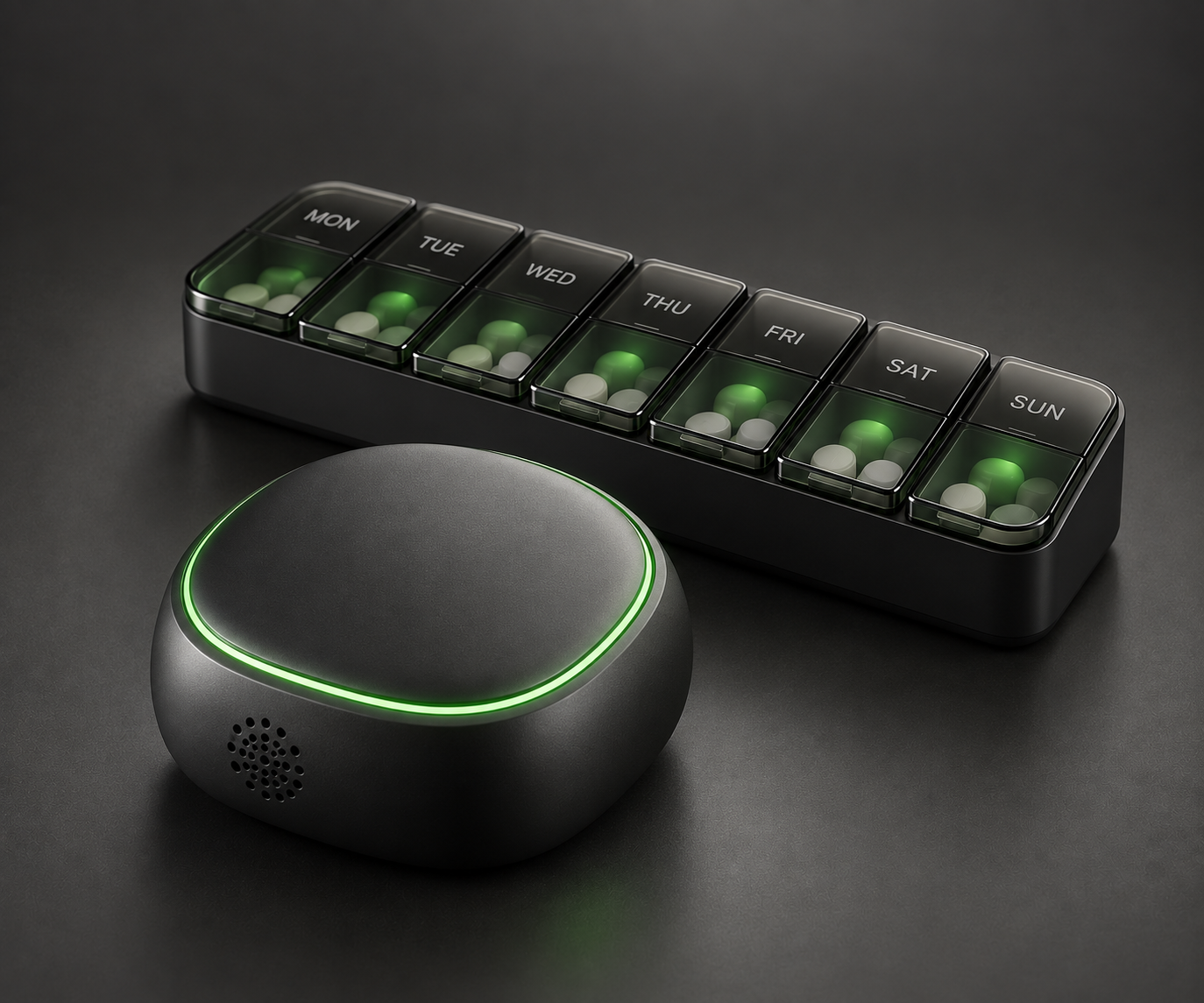 Design render of DoseXTrack Zero: a small battery-powered reminder with a green light ring, beside a 7-day pill organiser