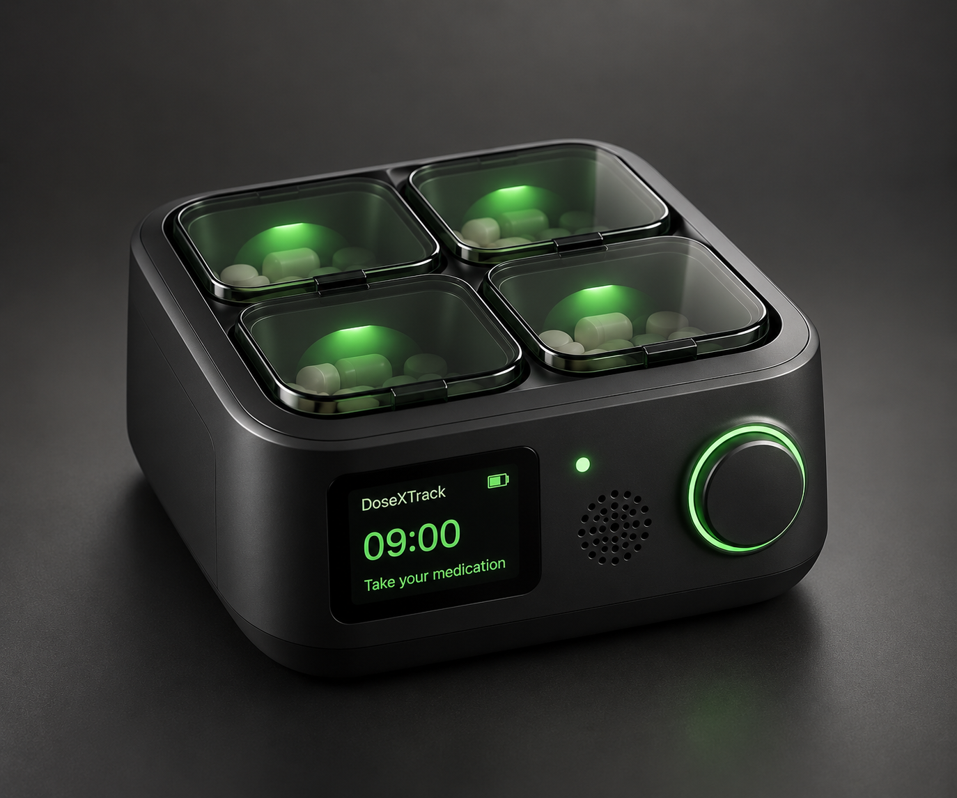 DoseXTrack dispenser with four pill compartments, a display showing the next dose time, and a confirm button